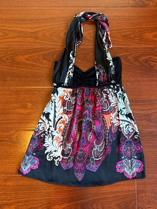 bebe Tops - bebe Y2K Silk Paisley Halter Top Small Black Pink Ruched Bust